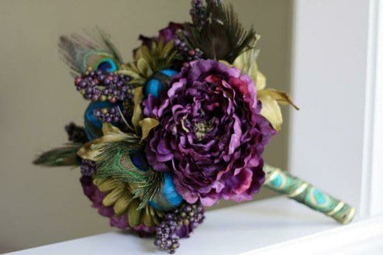Silk Flowers CAN Make a Beautiful Bouquet Peacock Theme Silk Flower Bouquet