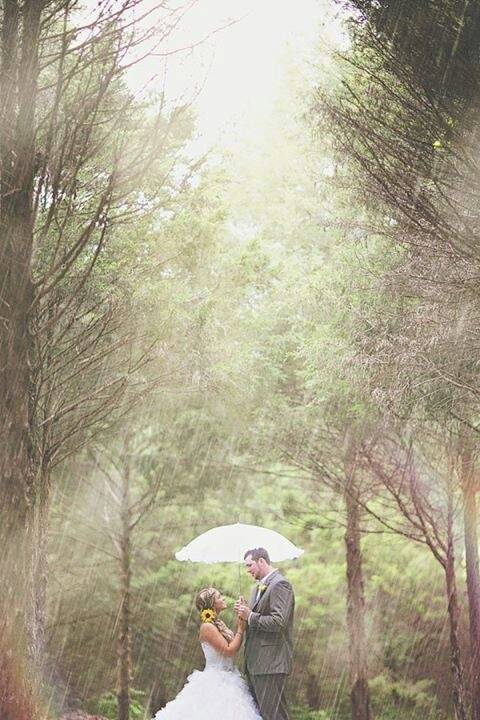 Bride and Groom in Rain with an Umbrella