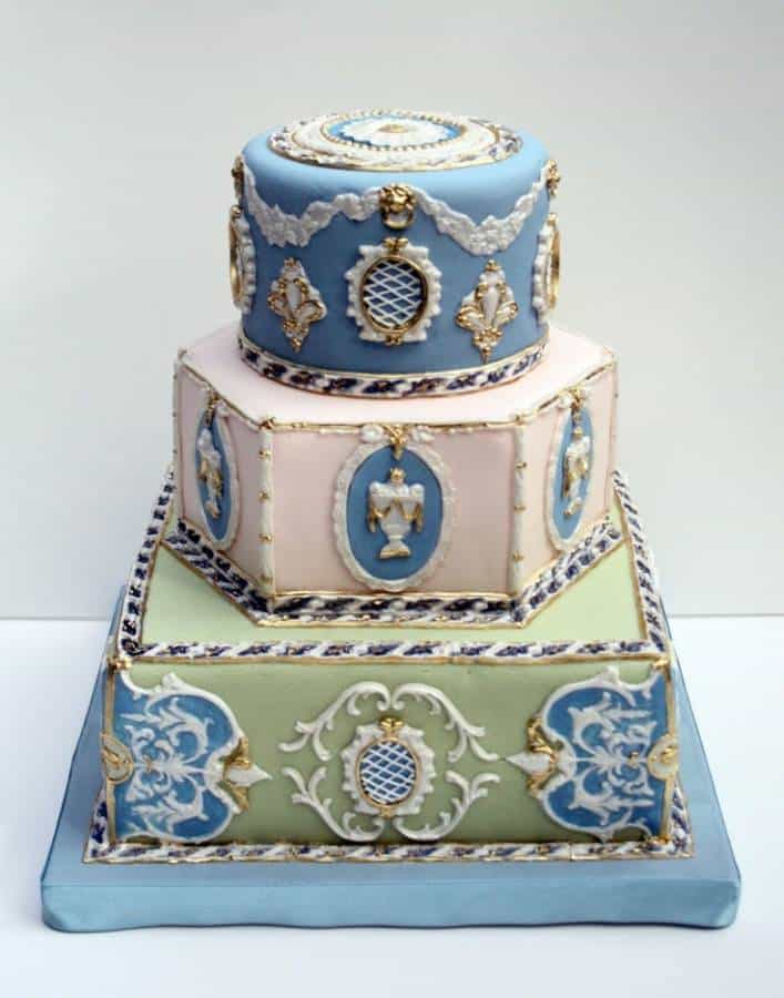 Vintage Blue, Green, Pink, White and Gold Wedding Cake
