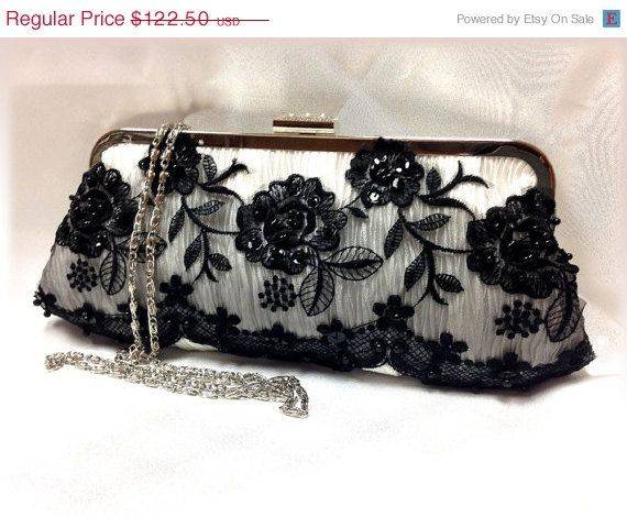 White and Black Lace Bridal Clutch