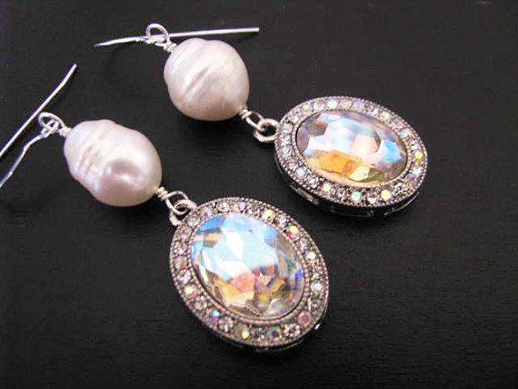 Sterling Silver Large Baroque Cultured Pearl Crystal Earring Drops