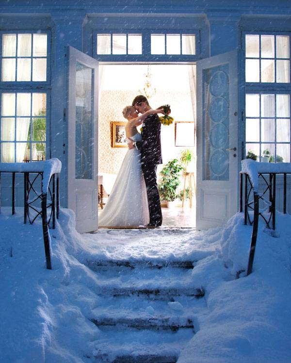 Bride and Groom Outside in Snow