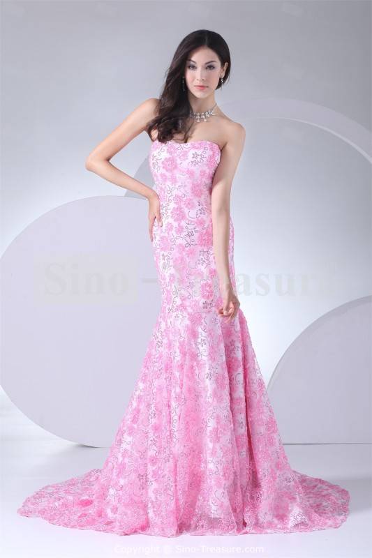 pink-mermaid-strapless-summer-lace-beach-wedding-dress
