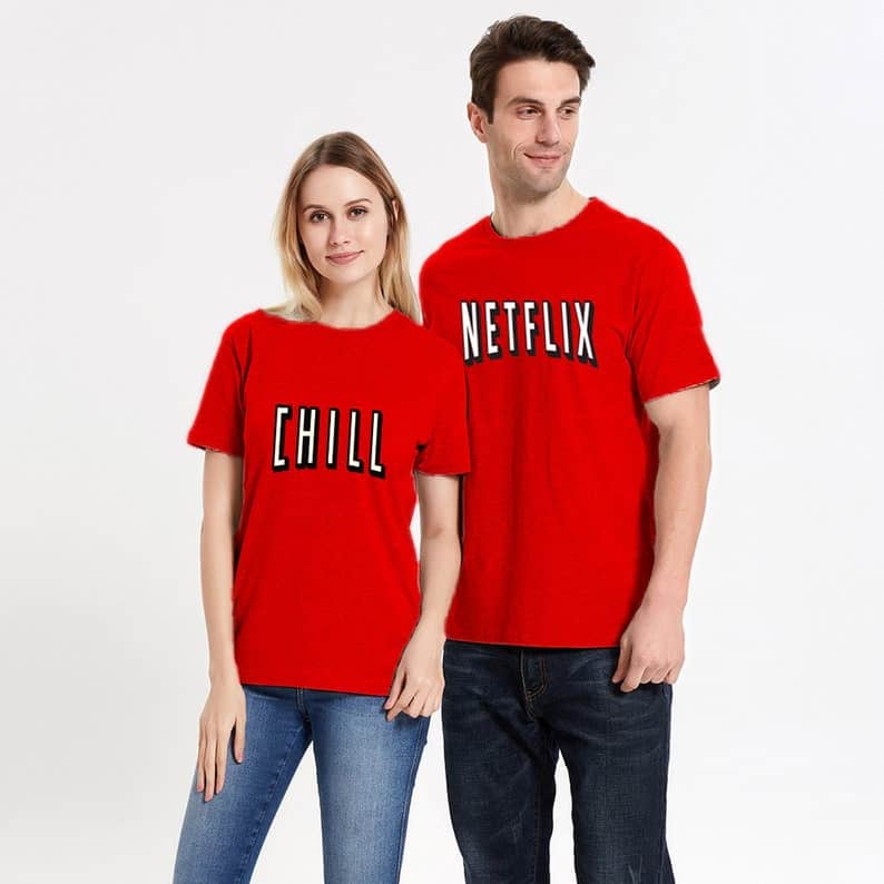 Netflix and Chill Red Colorful Couple T-Shirt Halloween image 1