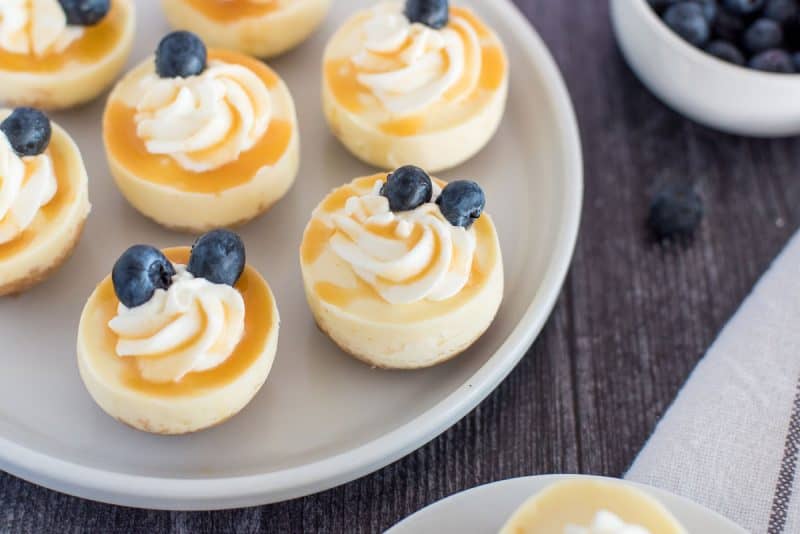 mini cheesecake bites made in a pressure cooker with a silicone egg mold topped with blueberries, caramel sauce, and whipped cream