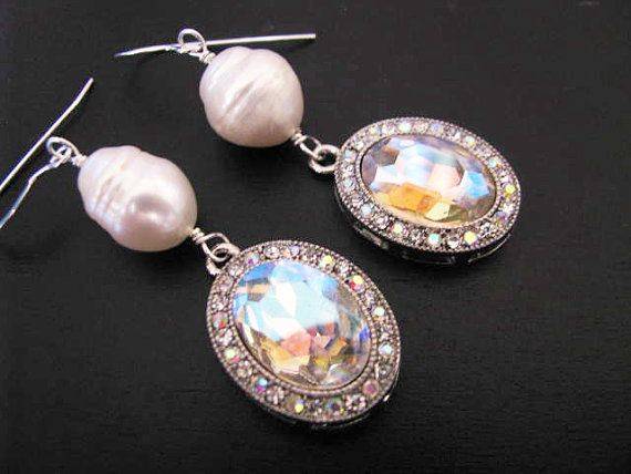 Beautiful Bridal Jewelry Ideas Sterling Silver Large Baroque Cultured Pearl Crystal Earring Drops