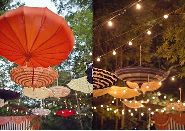 Super Cute Reception Décor: Hanging Umbrellas