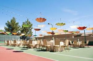 Super Cute Reception Décor: Hanging Umbrellas