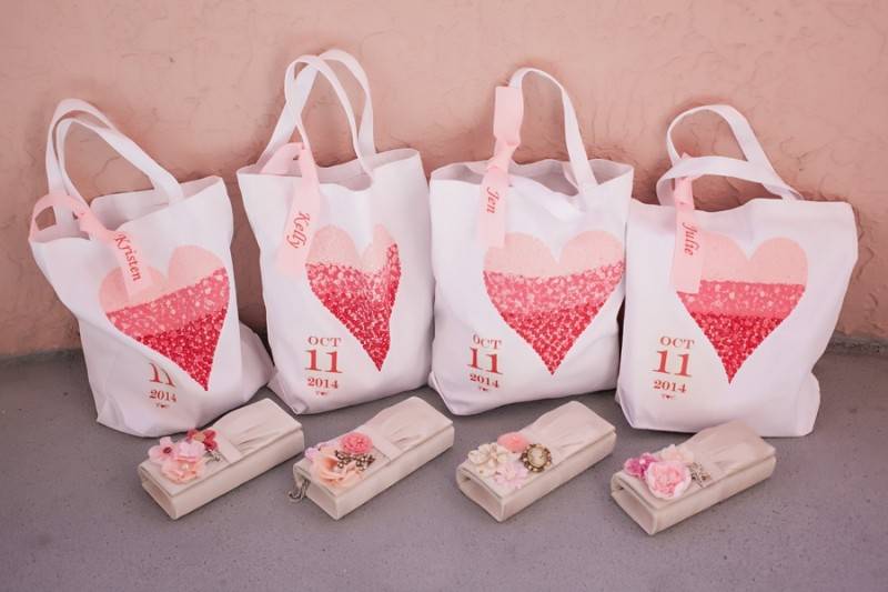 Pesonalized tote bags and clutches for the bridesmaids.