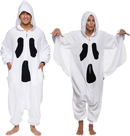 Ghost Adult Onesie - Spirit Halloween Costume - Plush Spooky One Piece Cosplay Suit for Adults, Women and Men FUNZIEZ!
