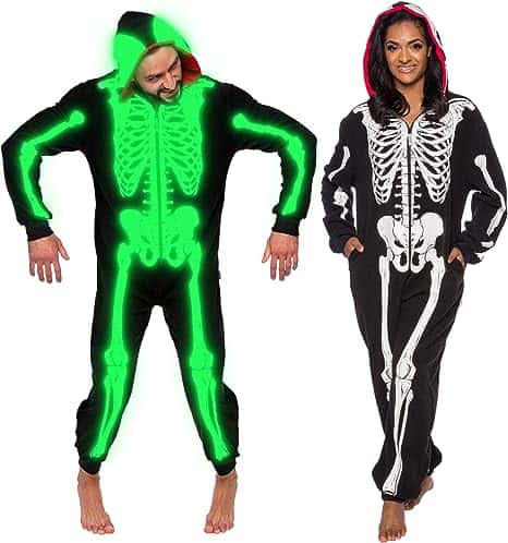 Glow in the Dark Skeleton Adult Onesie - Halloween Costume - Plush One Piece Cosplay Suit for Adults, Women and Men FUNZIEZ!
