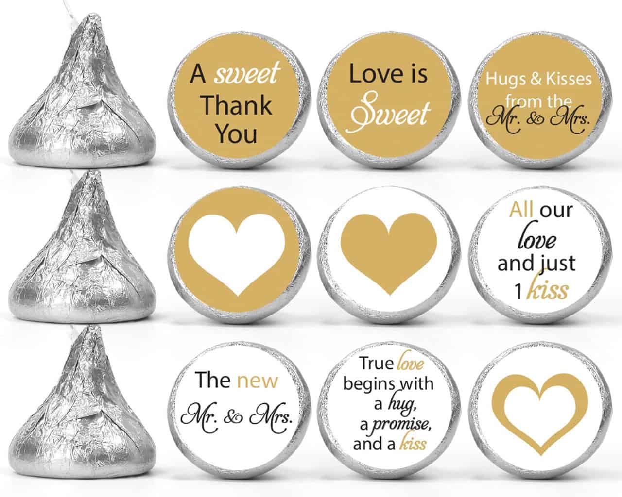 gold mini chocolate candy stickers for DIY wedding favors