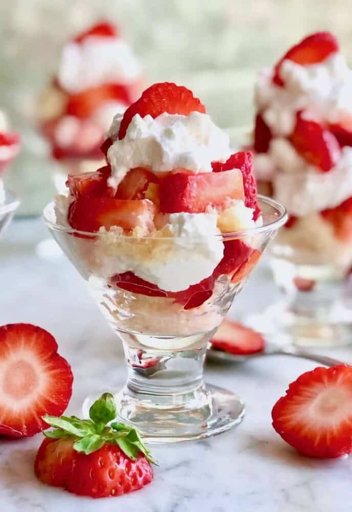 mini trifle strawberry shortcakes in small glasses.