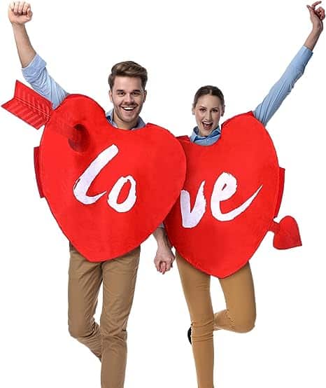 Leyndo 2 Pcs Halloween Couple Heart Costume for Adults Red Matching Couple LOVE Fits Most Love Cupid Costume One Size for Halloween Valentines Christmas Party