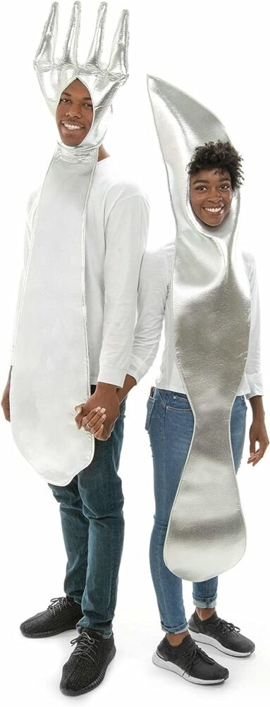 Fork &amp; Knife Couples Halloween Costume - Funny Food Adult One-Size Costumes Silver