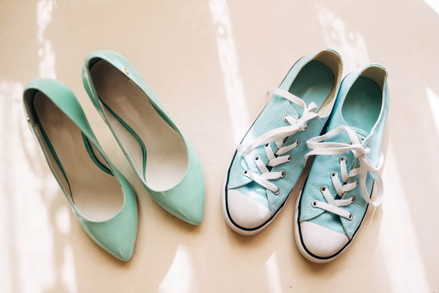 Teal high heels or sneakers as bridal shoes