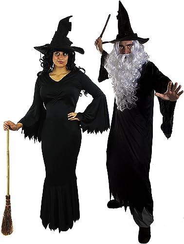 COUPLES COSTUMES EVIL WICKED WITCH &amp; DARK WIZARD COUPLES HALLOWEEN FANCY DRESS - MENS LONG BLACK WIZARDS ROBE + WHITE WIG &amp; BEARD + CROOKED HAT + BRANCH WAND - LADIES: LONG BLACK WITCHES DRESS + CROOKED HAT + BRANCH WAND BY ILOVEFANCYDRESS® IN XS - XXL