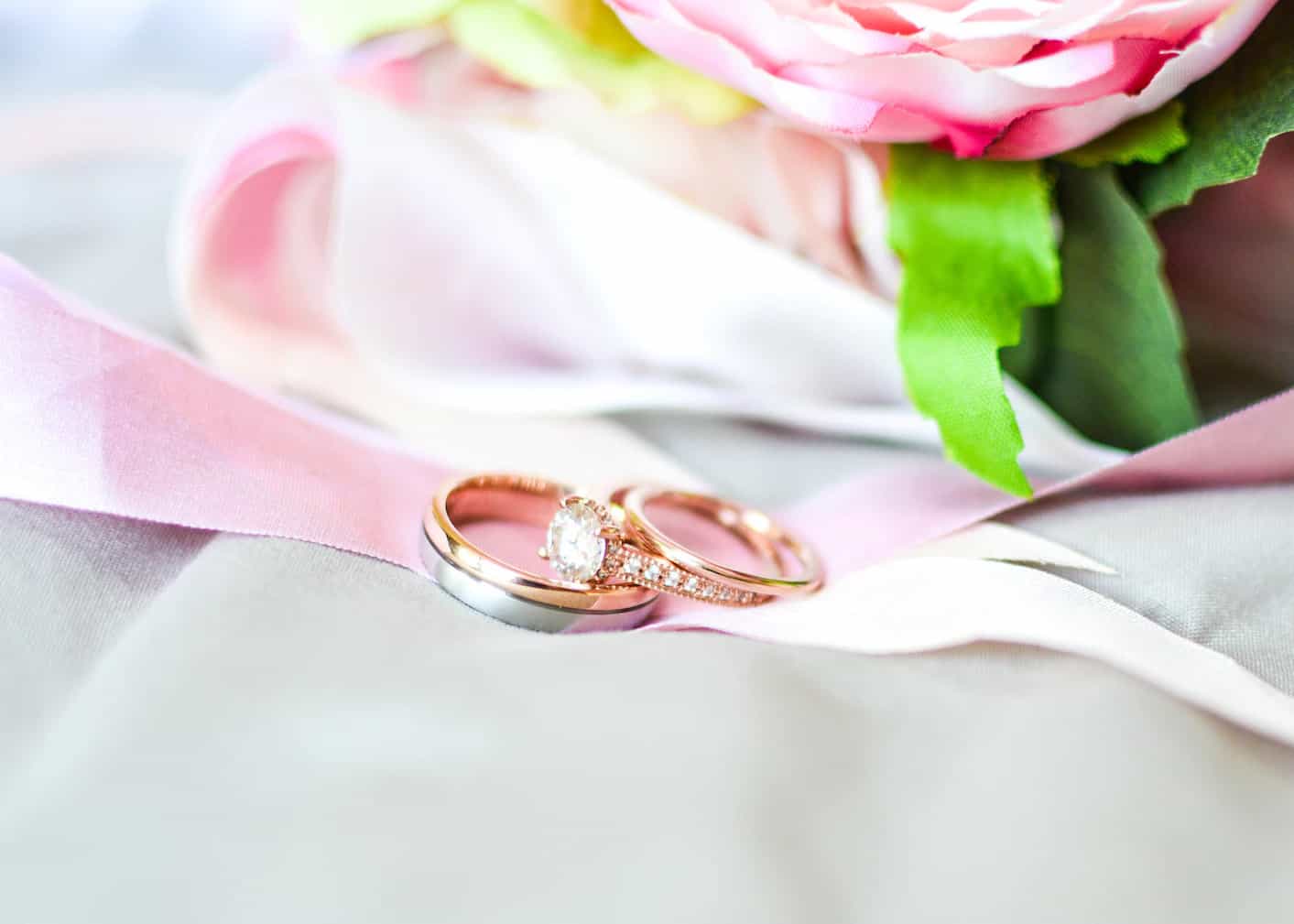 Wedding rings and a bridal bouquet