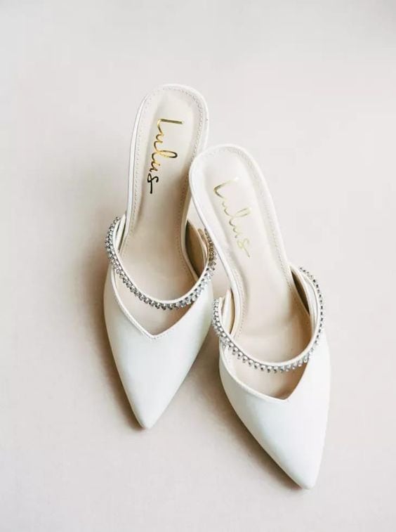 White mules as non-traditional wedding shoes