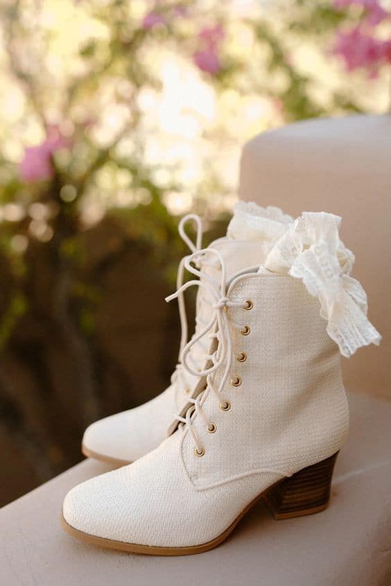 White booties as non-traditional wedding shoe