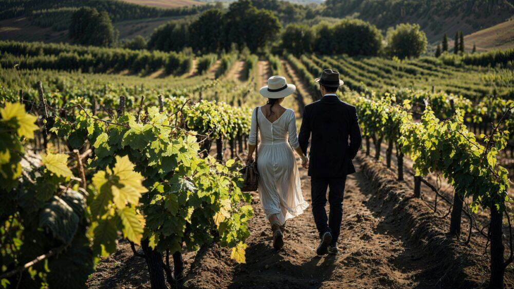 A newlywed couple strolls through a vineyard.